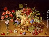 Left Canvas Paintings - A Still Life Of A Vase Of Carnations To The Left Of A Basket Of Fruit